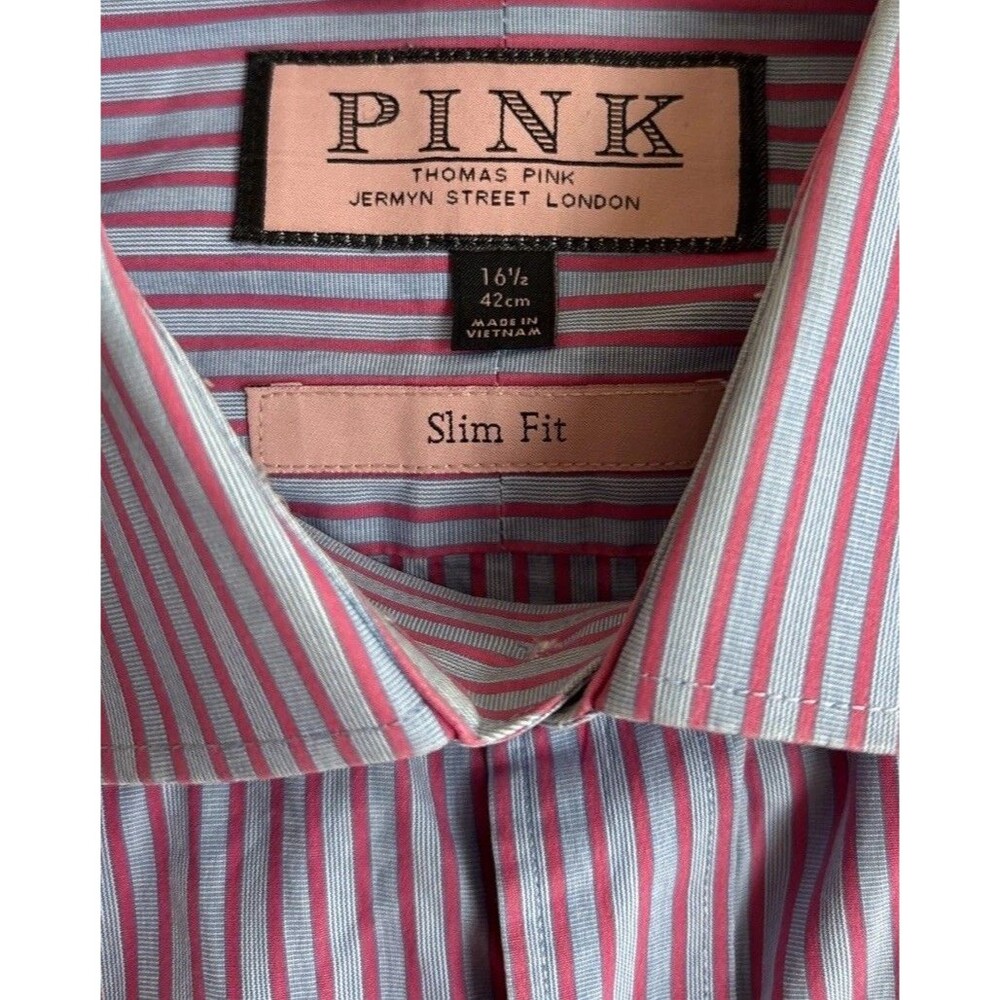 Thomas Pink Blue/Red Stripe Slim Fit Traveller Button Down Spread Shirt 16.5
